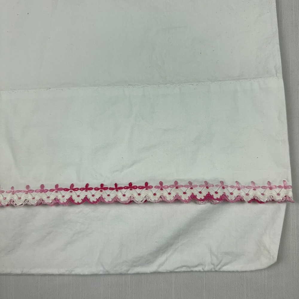 Vintage White Pillowcase Pink Embroidered Scalloped Eyelet Lace Trim Standard